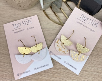 Hanging semicircles in speckled white or vanilla and gold leaf and brass minimal statement earring polymer clay