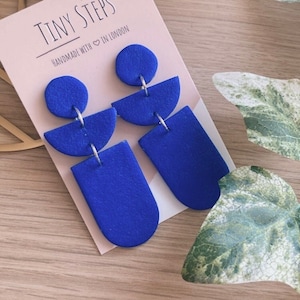 Textured statement earrings in blue | Half moon and long archway |  Handmade statement polymer clay earrings | Gifts for her