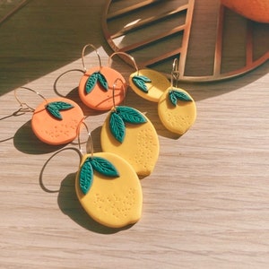 Lemons or oranges dangles with 24kt gold plated hoops | Polymer Clay earrings |