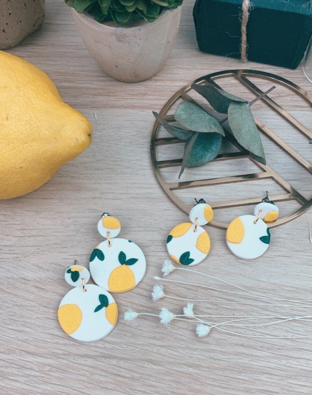 Lemons and Leaves Pattern Polymer Clay Statement Earrings Etsy UK