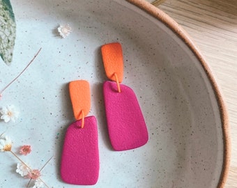 Statement textured trapezoid drop in bright magenta and orange | Handmade polymer clay earrings | Gifts for her