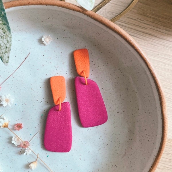 Statement textured trapezoid drop in bright magenta and orange | Handmade polymer clay earrings | Gifts for her