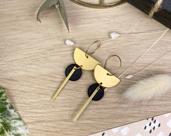 Art Deco Inspired Brass & Black Polymer Clay Earrings with 18Kt Gold Hoop