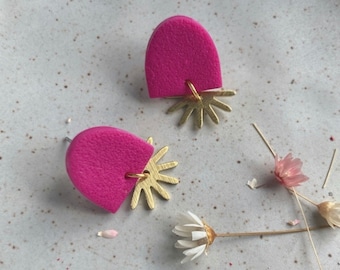 Magenta and textured brass sun statement studs | Polymer clay statement handmade earrings | Gifts for her