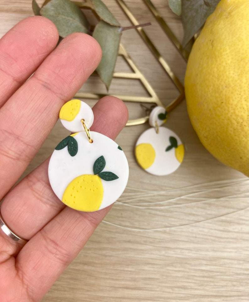 Lemons and Leaves Pattern Polymer Clay Statement Earrings Etsy UK