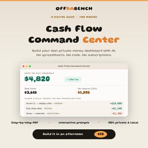 Könnte beinhalten: Ein digitaler Leitfaden mit dem Titel OFFDABENCH Cash Flow Command Center für Macher. Die Benutzeroberfläche zeigt ein Finanz-Dashboard mit Bereichen für auszahlbare Beträge, Nettoeinkommen, Steuerrücklagen und eine Liste von Einnahmen.