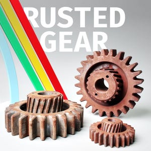 May include: Four rusty gears of varying sizes are displayed against a light gray background. The gears are shades of brown and have a weathered appearance. The text "RUSTED GEAR" is at the top. Colorful lines in blue, green, yellow, and red are on the left.