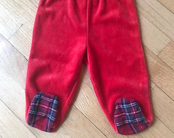 Happy Holidays Red Velvet Elastic Baby’s First Christmas Pants with Plaid Footies Sz 6 Months