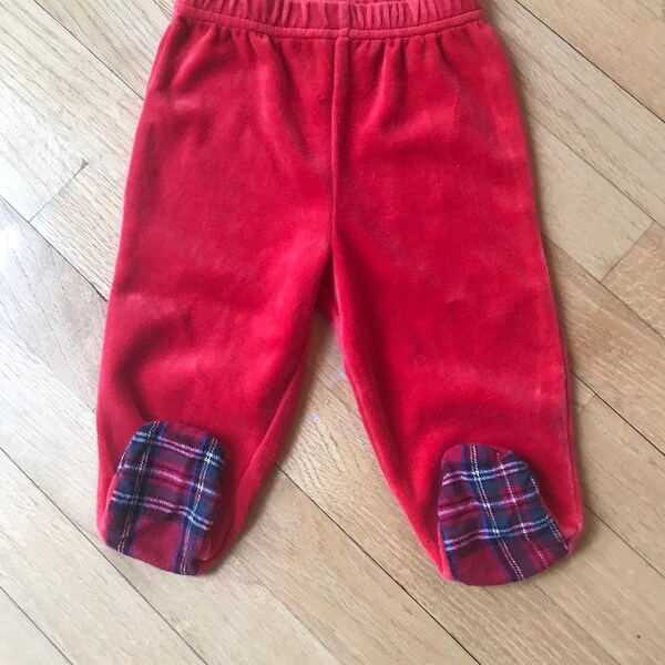 Happy Holidays Red Velvet Elastic Baby’s First Christmas Pants with Plaid Footies Sz 6 Months