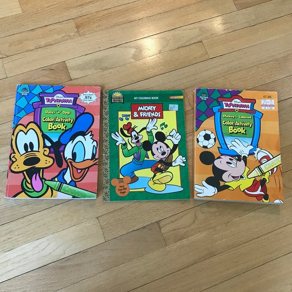 Vintage 1990s / 90s Mickey Mouse Coloring Books: Mickey and Friends, Toontown Ducks‘n’Dogs, Mickey’s Colossal Color Activity Book