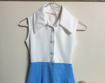 Adorable 1960's/70's Vintage White and Blue Polka Dot Little Girl Dress