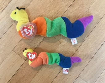 Collectible / Collectable Ty Original Beanie Baby / Babies “Inch” Multicolored Rainbow Inchworm and Teenie Beanie “Inch”