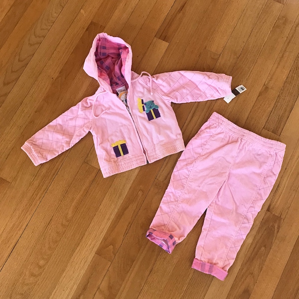 Vintage 1990s Pink Corduroy Zip Up Jacket w/ Purple Presents, Teddy Bear Appliqué & Plaid Liner / Patch and Elastic Pants Set12 Months