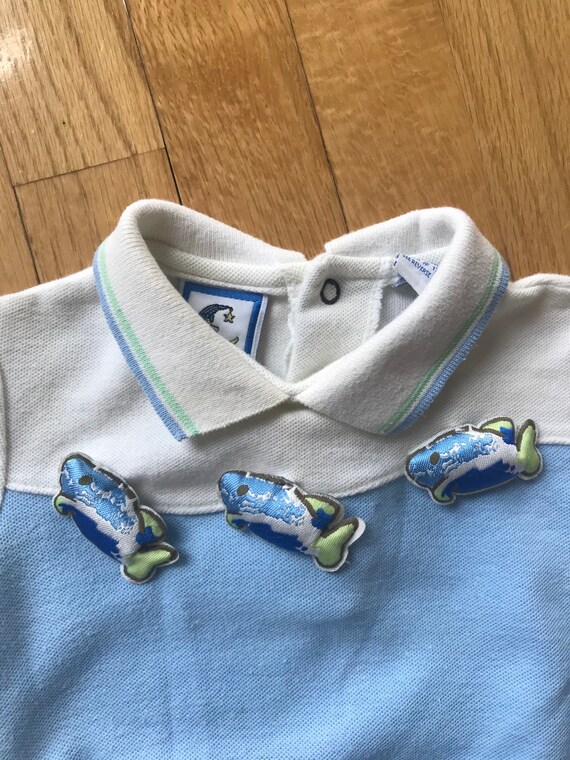 Adorable Gone Fishing Vintage 1990s Blue and Whit… - image 2