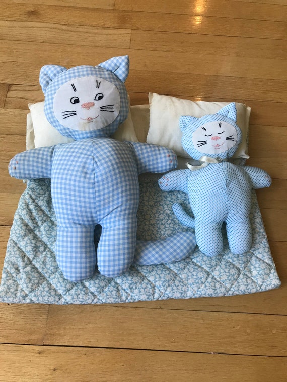 Vintage 1960s Blue Plush Handmade Sleepy Kittys Cats Plush Cat