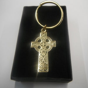 Celtic Metal Cross Keyring Golden Finished in Gift Box