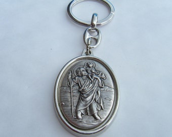 St. Christopher Schlüsselanhänger aus verchromtem Metall, ovales Design, in Geschenkbox