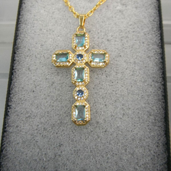 Beautiful Emerald Green Blue Colour Golden Cross Necklace Gift Boxed