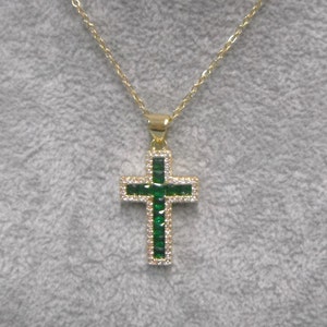 Golden Emerald Green Diamonate Cross Necklace Gift Boxed