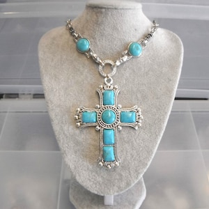 Statement Piece Turquoise Colour Cross Necklace Gift Boxed