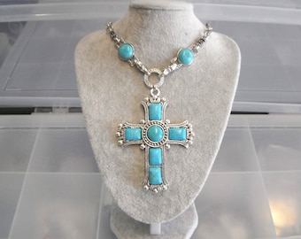 Statement Piece Turquoise Colour Cross Necklace Gift Boxed