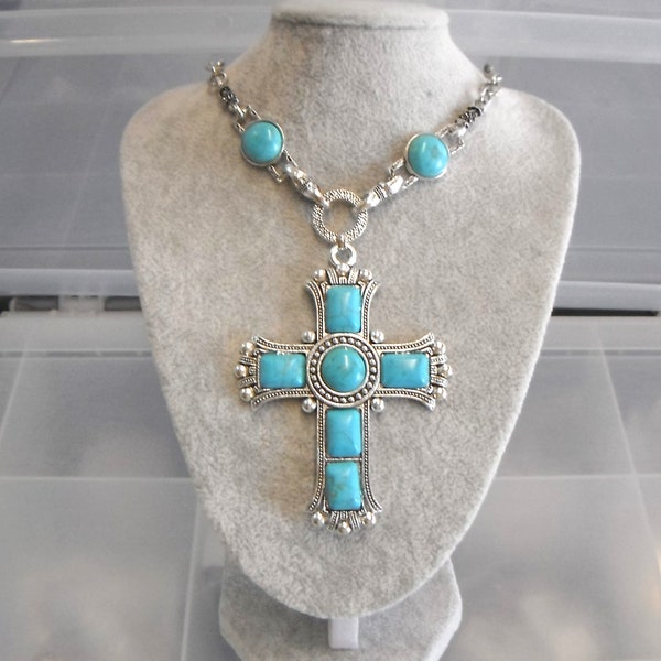 Statement Piece Turquoise Colour Cross Necklace Gift Boxed