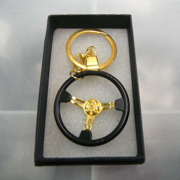 Steering Wheel Keyring Golden Black Colour diameter 40mm Gift Boxed