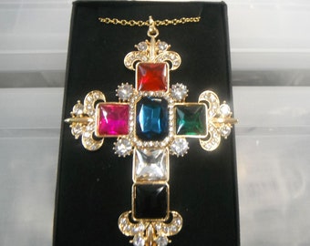 XL Italian Designer Style Multi Colour Diamonate Golden Cross Gift Boxed