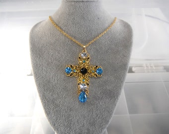 Blue Diamonate Gold Colour Cross Necklace Gift Boxed