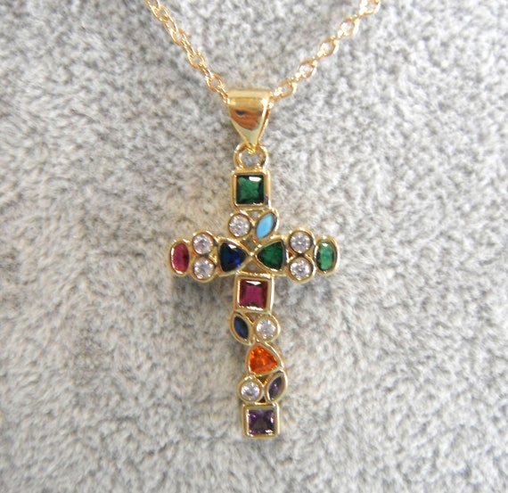 Italian Design Multi Colour Diamonate Golden Cross Necklace