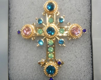 XL Italian Designer Style Multi Colour Diamonate Golden Cross Gift Boxed