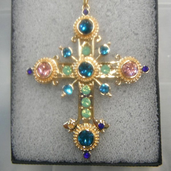 XL Italian Designer Style Multi Colour Diamonate Golden Cross Gift Boxed