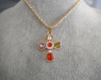 Beautiful Rose Gold Colour Faux Pearl Diamonate Cross Necklace Gift Boxed