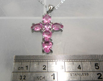 Beautiful Pink Diamonate Silver Colour Cross Necklace Gift Boxed
