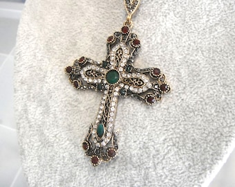 Colourful Diamonate Gothic Cross Green Centre Gift Boxed