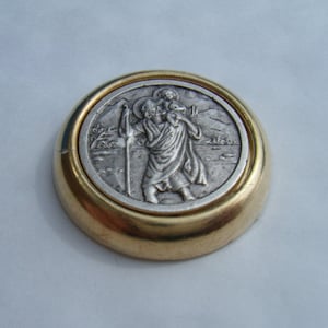 St Christopher Metal Badge for Car Dash Magnetic + Easy Self Adhesive diameter 30mm
