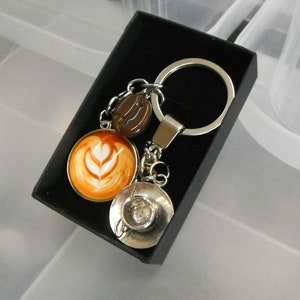 Barista Cappuccino Coffee Cup and Coffee Bean Keyring Gift Boxed