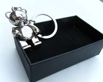 Chrome Metal Teddy Bear Key Ring Keychain Teddy Fob Gift Boxed