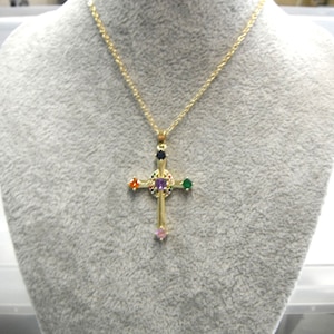 Golden Colourful Diamonate Cross Necklace Gift Boxed