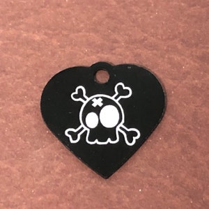 Cartoon Skull and Crossbones, Small Black Heart Aluminum Tag, Personalized Diamond Engraved, Dog Tag, Cat Tag, ID Tag, Pet Tag, SBKCSCBH