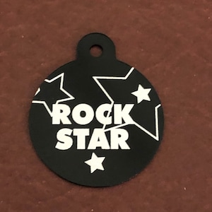 Star du rock, Médaille grand cercle, Médaille en aluminium noire personnalisée, Médaille pour chien à gravure diamant, Médaille pour chat, Médaille animal, Médaille pour chiot, Pour collier de chien