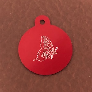 Médaille papillon en aluminium grand cercle avec diamants personnalisés gravés pour animal de compagnie, chat, chien, pour sacs, sacs à dos, porte-clés, porte-clés, CA5APLCT