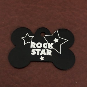 Star du rock, Grande médaille en os noir, Médaille en aluminium personnalisée, Gravure avec diamants, Médaille pour chien, Chiot pour collier de chien, Carte d'identité de chien perdu, Pour collier de chiot