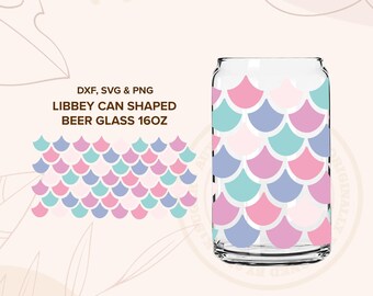 MERJUNGFRAUEN-SCHALEN ⟡ Meerjungfrauenschwanz, Jakobsmuschelmuster, libbey 16 Unzen dosenförmiges Glas svg-Datei Cup wrap, svg, dxf & png Schnittdatei Cricut Silhouette