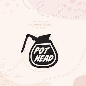 May include: Black and white illustration of a coffee pot with the text "POT HEAD" on it. The illustration is on a light pink background with abstract shapes and leaves.