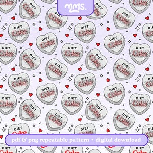 Puede incluir: Un patrón sin costuras que presenta un diseño repetitivo de caramelos blancos en forma de corazón con la palabra "DIET" impresa en ellos. Los corazones están rodeados de pequeños corazones rojos y diamantes blancos. El fondo es de color morado claro. El texto "pdf & png patrón repetible - descarga digital" está en la parte inferior de la imagen.