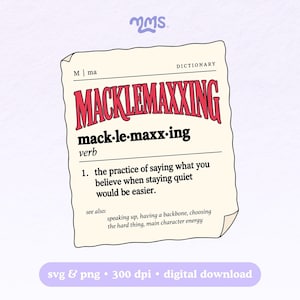 Pode incluir: Um design gráfico digital apresentando uma entrada de dicionário para a palavra MACKLEMAXXING. O texto inclui a pronúncia, a classificação verbal e uma definição: a prática de dizer o que você acredita quando ficar quieto seria mais fácil.