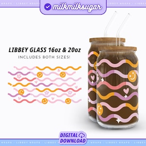 Retro Waves Svg Wrap For Libbey 16oz and 20oz Can Glass Wrap, Groovyh Libbey Svg, Hippie Cup Wrap, 70s Style Wrap File, Smile Face Glass Can