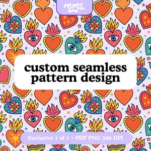May include: A repeating pattern design featuring colorful, stylized hearts with flames, eyes, and floral accents. The design includes the text "custom seamless pattern design" on a white background. The background is a light purple color with small star shapes.
