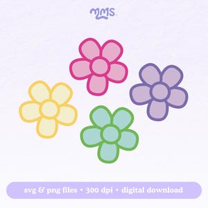 K&ouml;nnte beinhalten: Vier einfache Blumenmotive in einem Kreis. Die Blumen sind rosa, gelb, lila und blau.